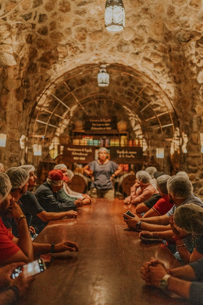 portfolio-02 Group of tourists at a wine tasting event in a stone cellar, led by a guide.